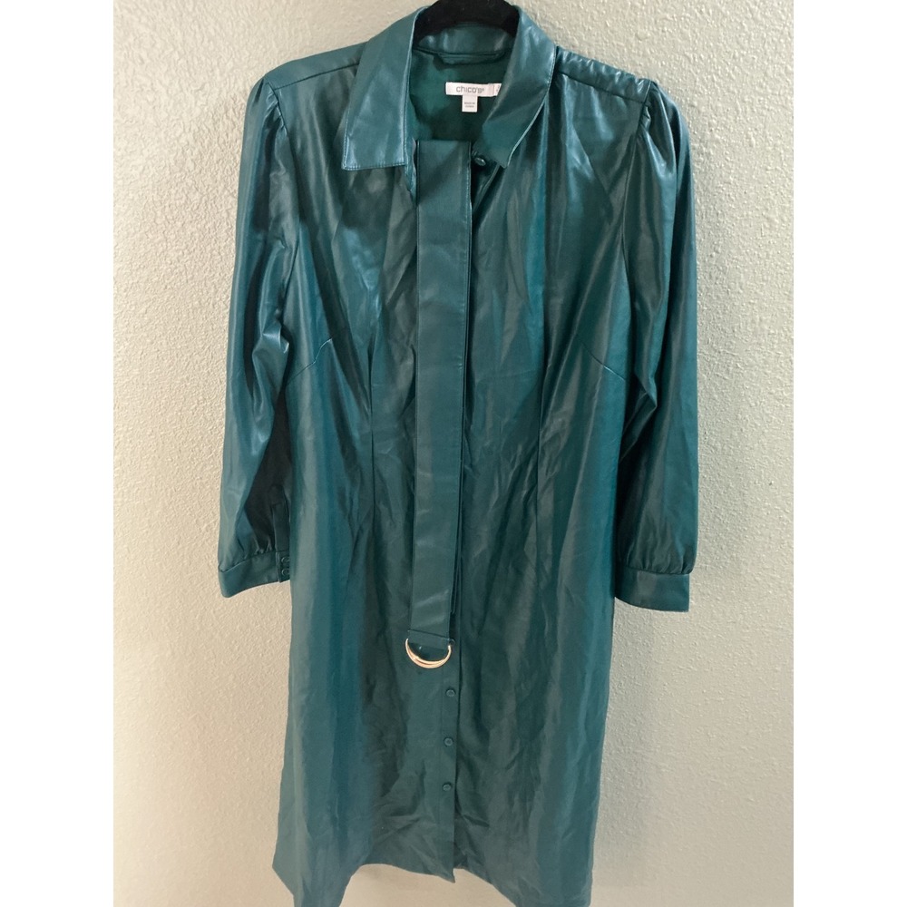 Chico's Faux Leather Dress Womens 2 L Green Excellent Chic Midi
